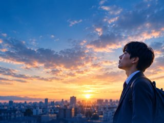 朝日を見つめる生徒