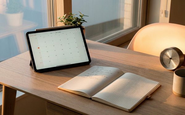タブレットとノートが置かれた学習机
