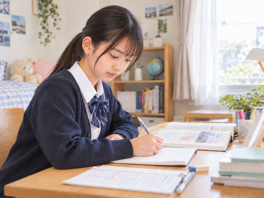自宅の机で英語の勉強に取り組む中高一貫校の生徒