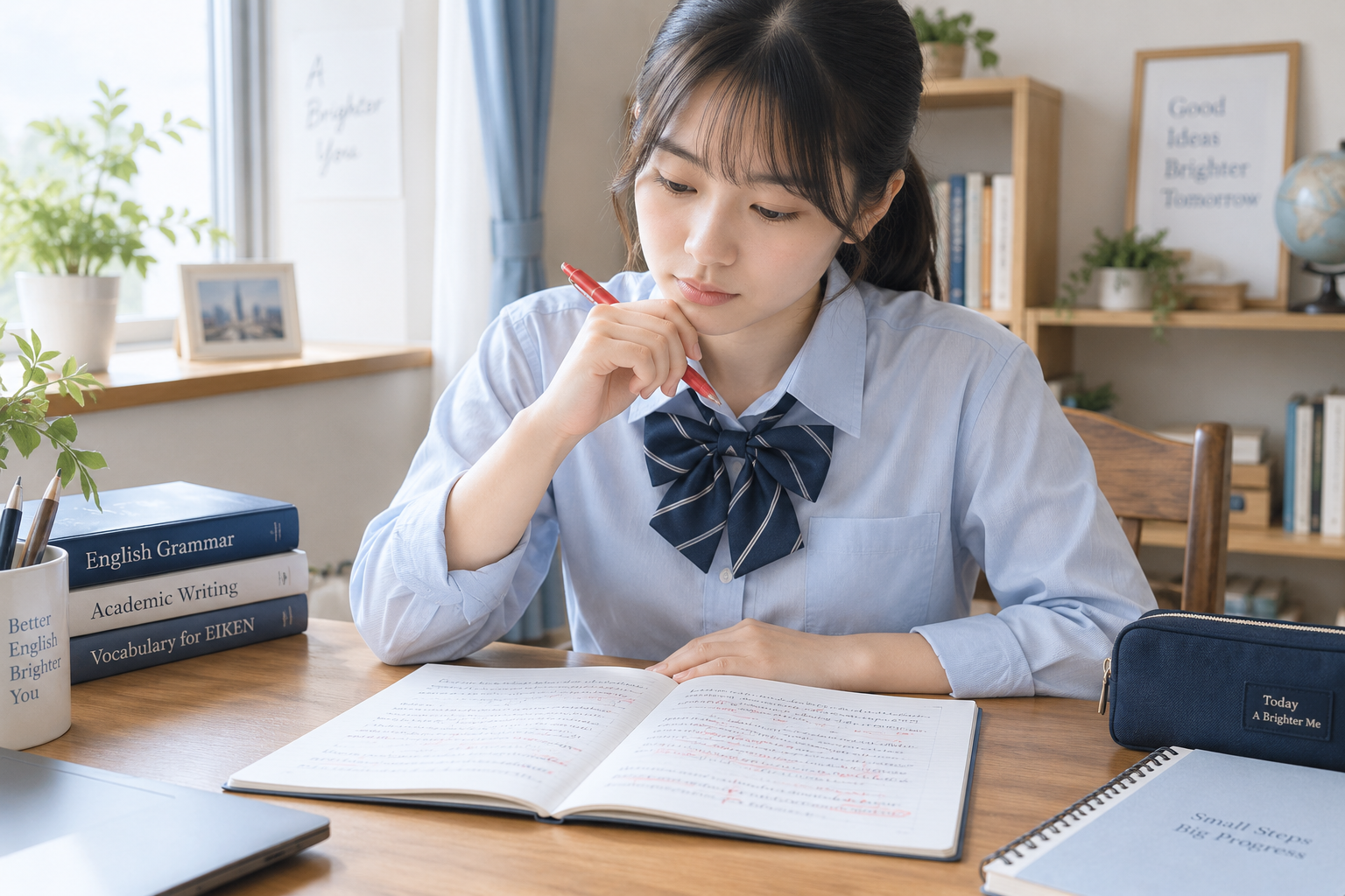 英作文の添削を見直す生徒のイメージ
