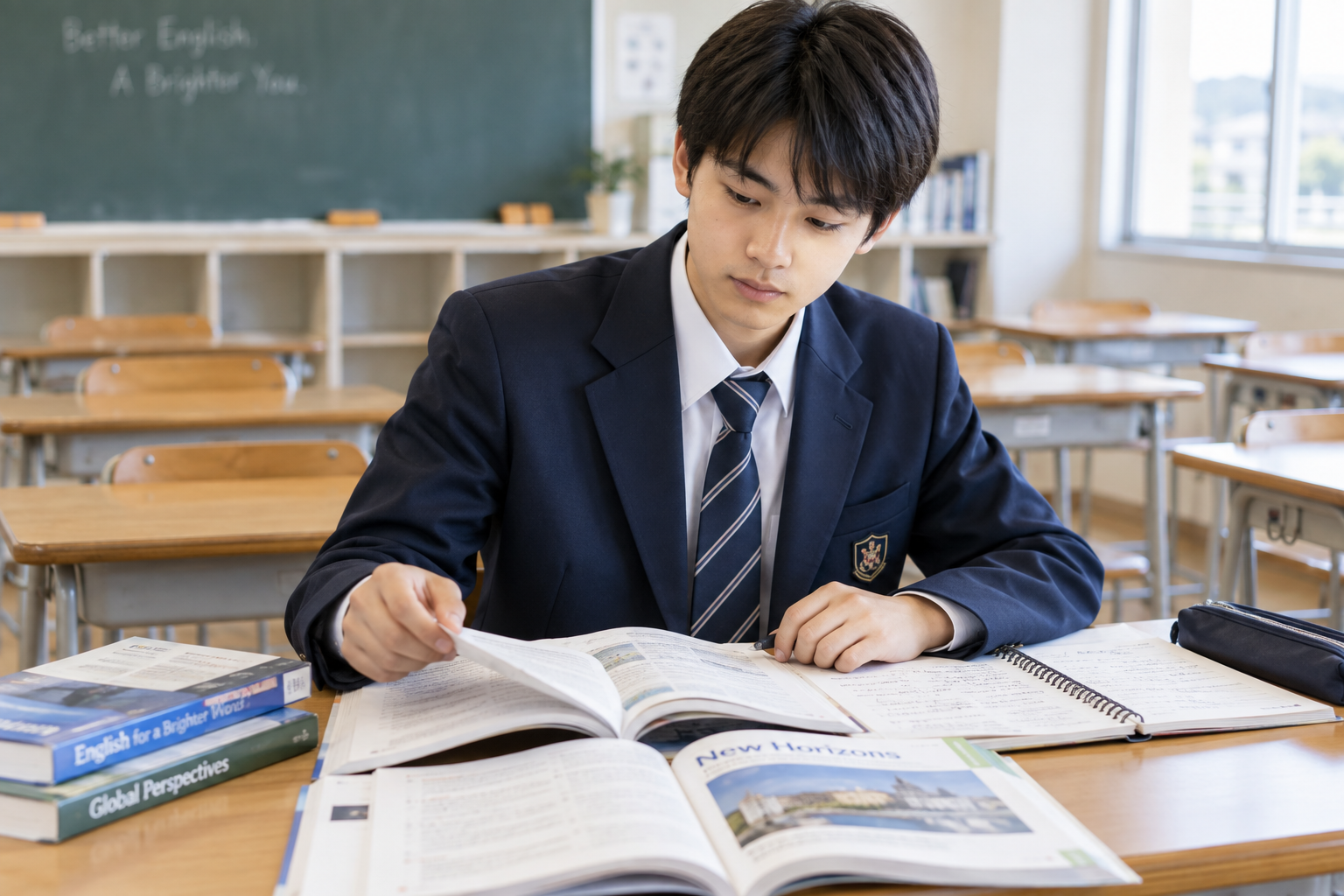 教科書とノートで英文法を整理する生徒のイメージ