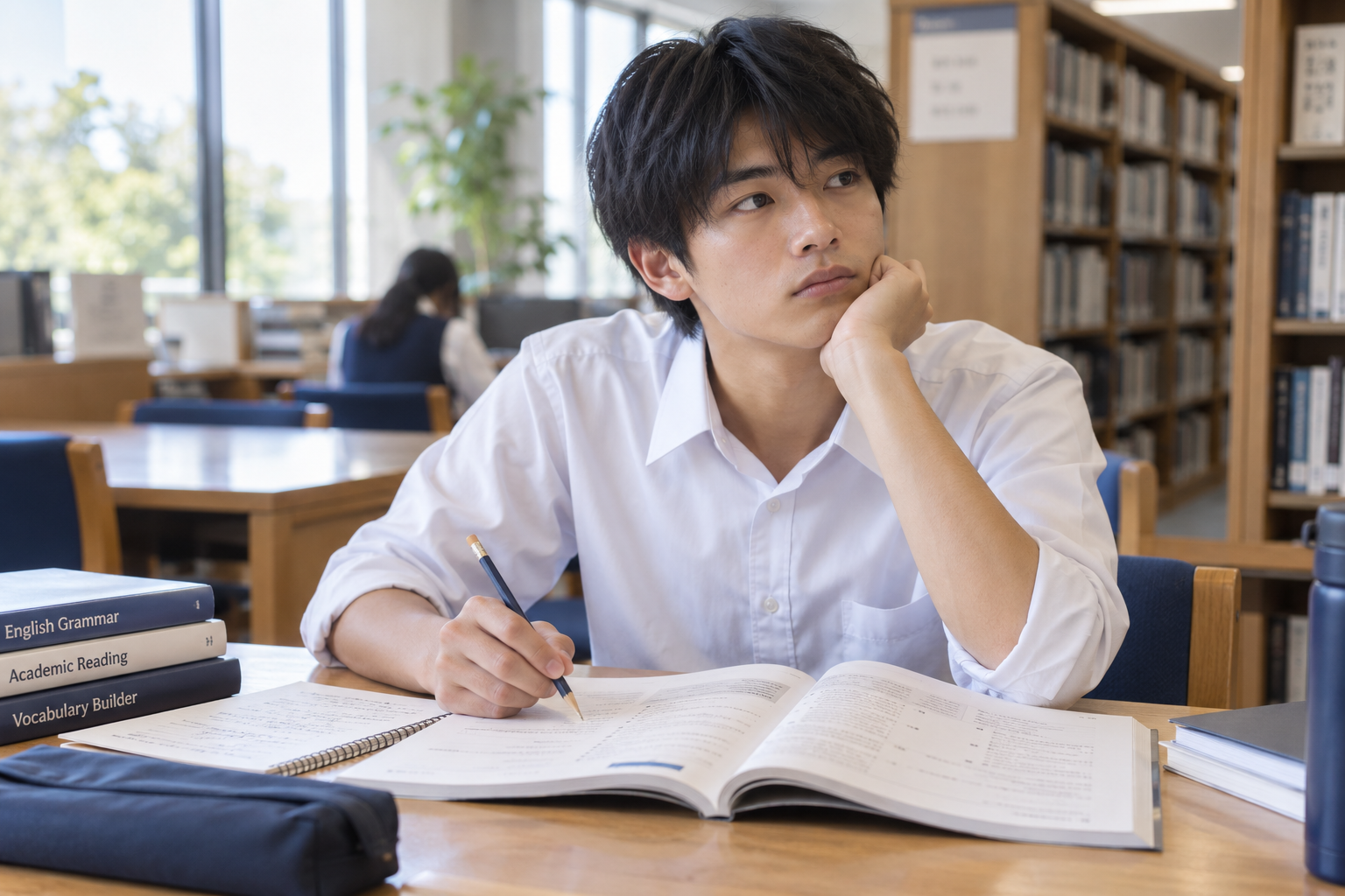 英語の問題集に取り組む大学受験生のイメージ
