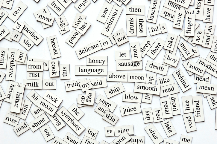 Random collection of different words and word-forms on magnetic tiles