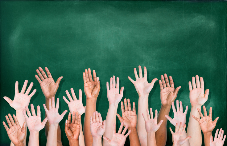 A multi-ethnic group of students' hands raised in front of a classroom blackboard. There are 18 hands raised, visible to the wrist or elbow, and seen from the side of the palm. The blackboard is dark green and has been freshly erased.